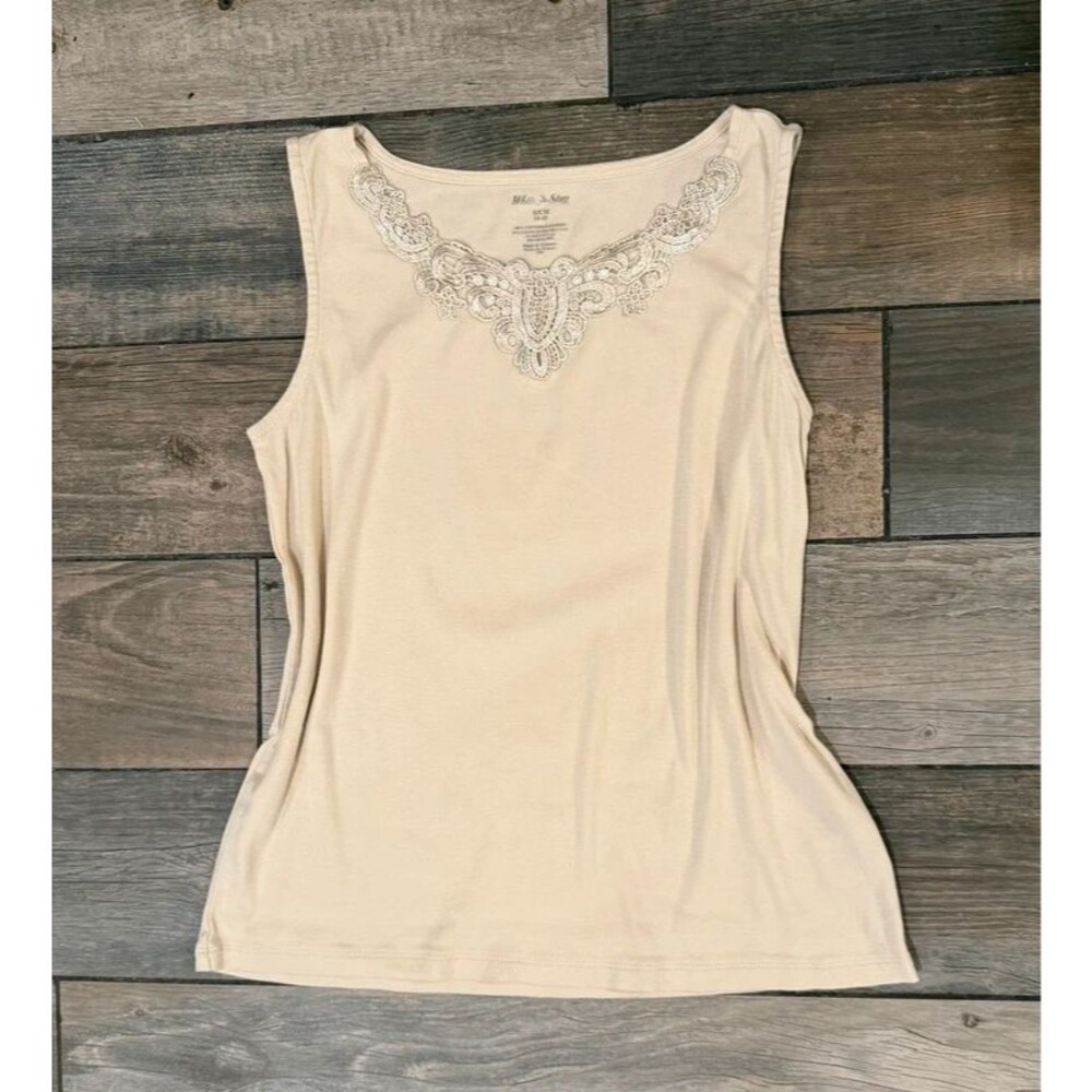Vintage Y2k Beige White Stag Sleeveless Tank Top with Lace Appliqué Detail